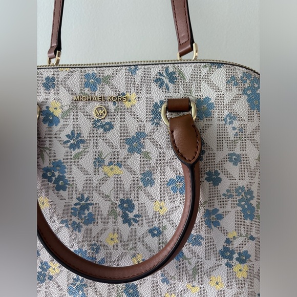 Michael Kors Cindy Vanilla Dome Satchel Purse Floral Print Blue Yellow Leather - Picture 3 of 17